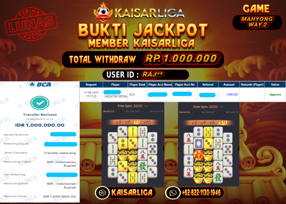 BUKTI JACKPOT SLOT KAISARLIGA RP. 1.000.000.- LUNAS