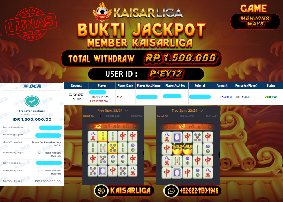 BUKTI JACKPOT SLOT KAISARLIGA RP. 1.500.000.- LUNAS