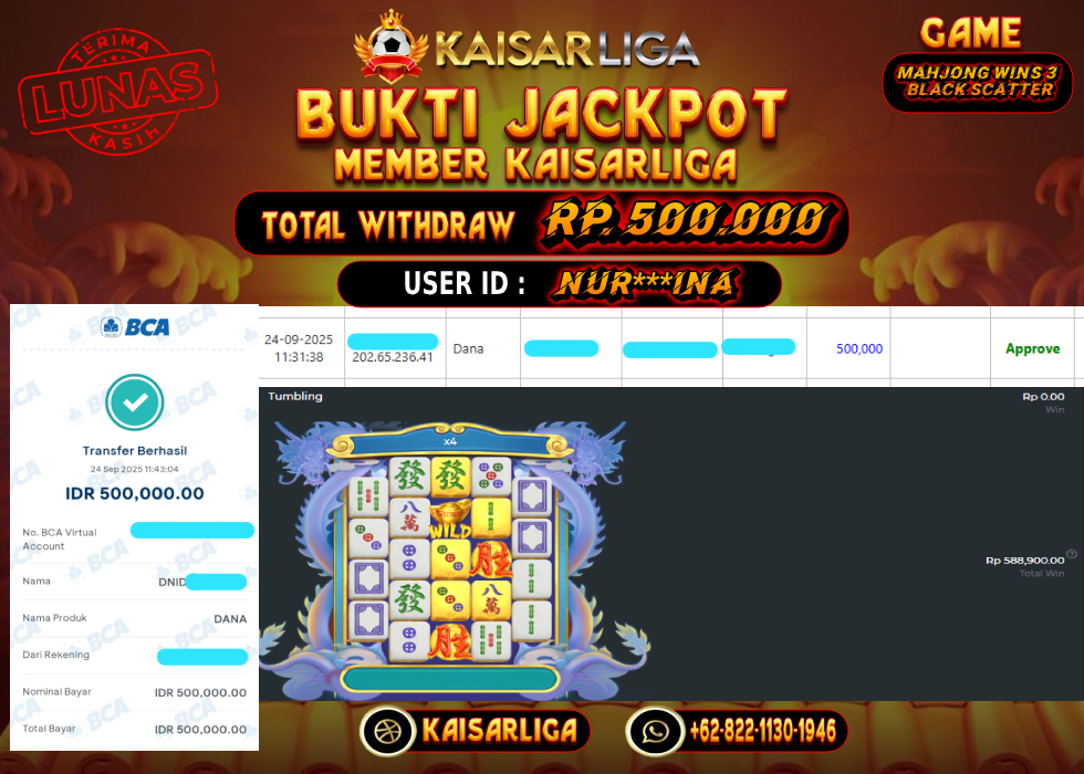 BUKTI JACKPOT SLOT KAISARLIGA RP. 500.000.- LUNAS