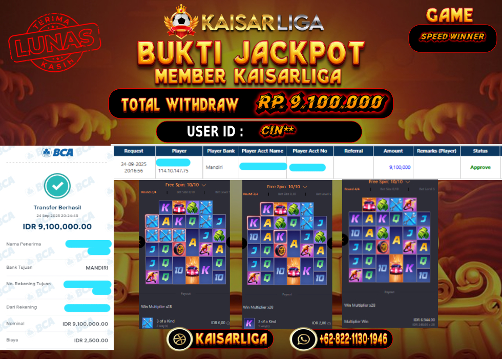BUKTI JACKPOT SLOT KAISARLIGA RP. 9.100.000.- LUNAS