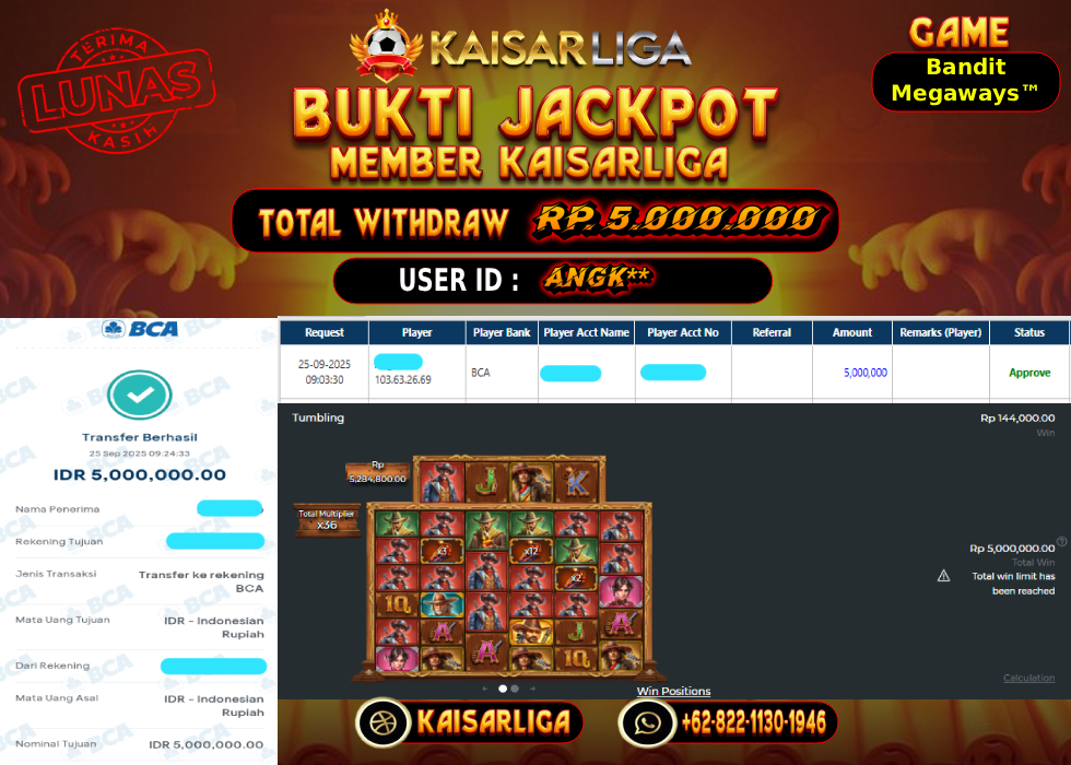 BUKTI JACKPOT SLOT KAISARLIGA RP. 5.000.000.- LUNAS