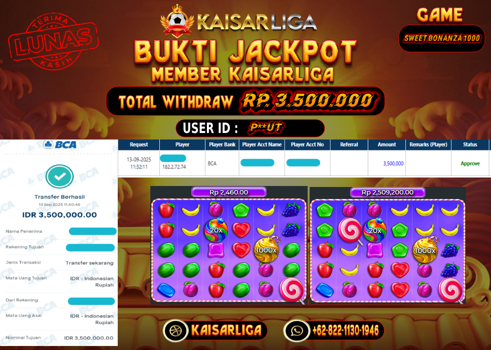 BUKTI JACKPOT SLOT KAISARLIGA RP. RP. 3.500.000.- LUNAS