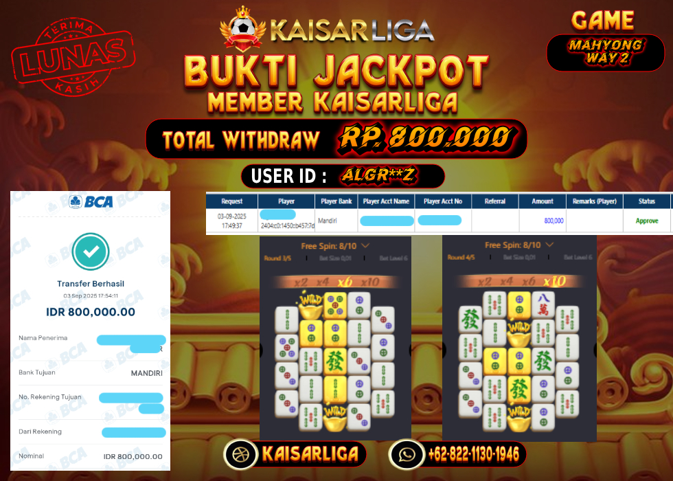 BUKTI JACKPOT SLOT KAISARLIGA RP. 800.000.- LUNAS