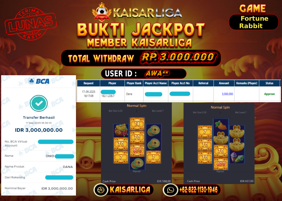 BUKTI JACKPOT SLOT KAISARLIGA RP. RP. 3.000.000.- LUNAS