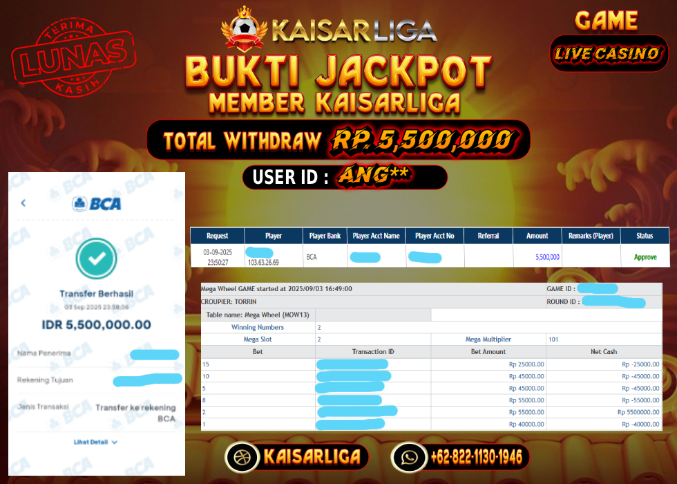 BUKTI JACKPOT SLOT KAISARLIGA RP. 5.500.000.- LUNAS