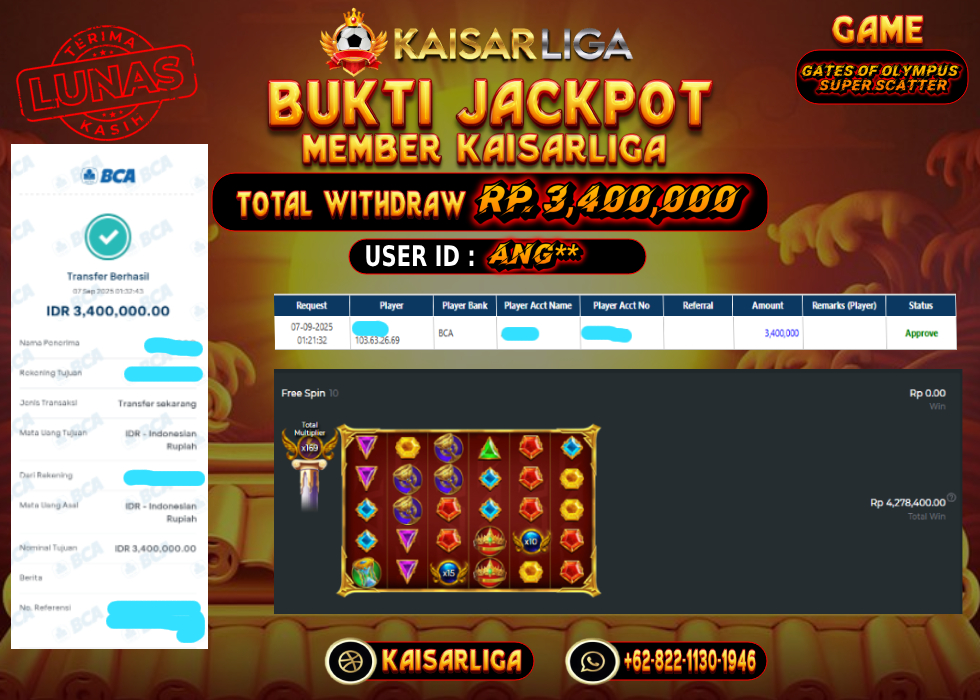 BUKTI JACKPOT SLOT KAISARLIGA RP. 3.400.000.- LUNAS