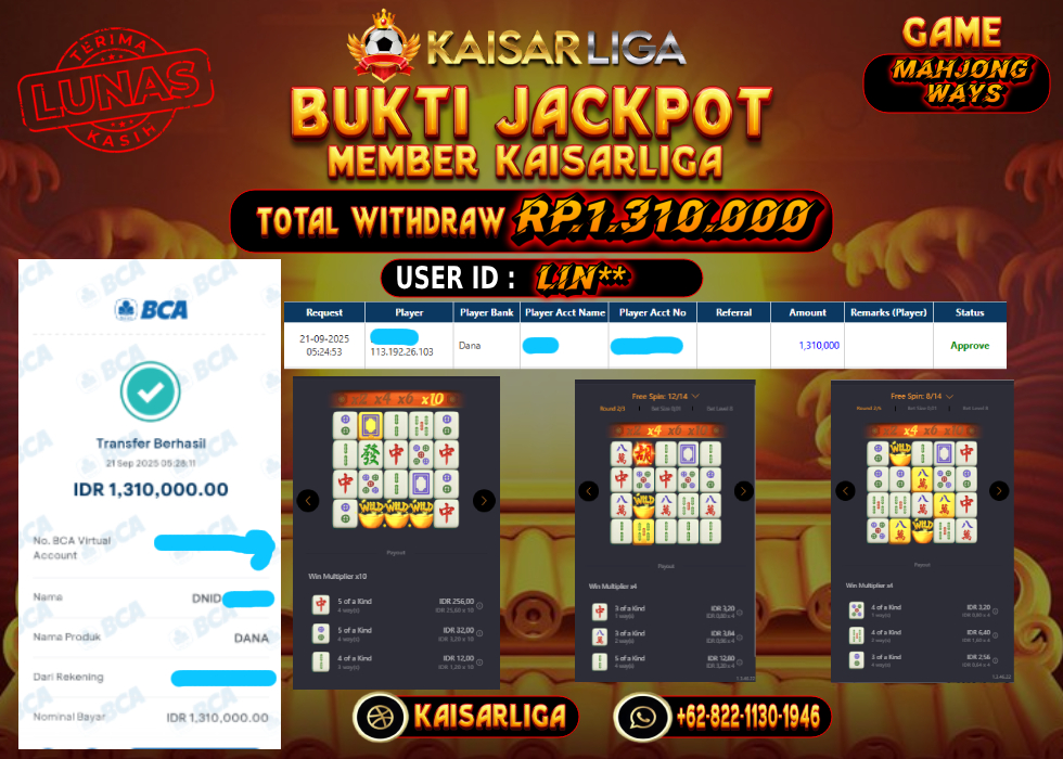 BUKTI JACKPOT SLOT KAISARLIGA RP. 1.310.000.- LUNAS