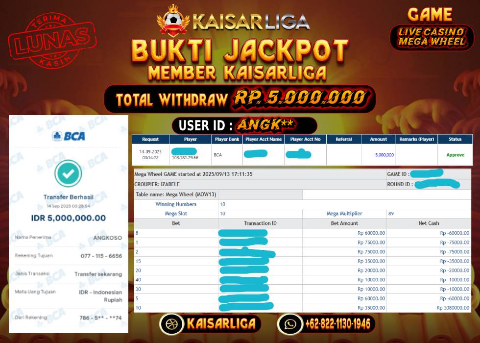 BUKTI JACKPOT SLOT KAISARLIGA RP. RP. 5.000.000.- LUNAS