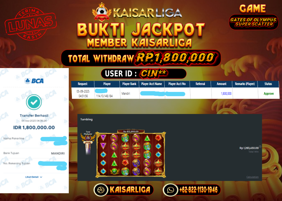 BUKTI JACKPOT SLOT KAISARLIGA RP. 1.800.000.- LUNAS