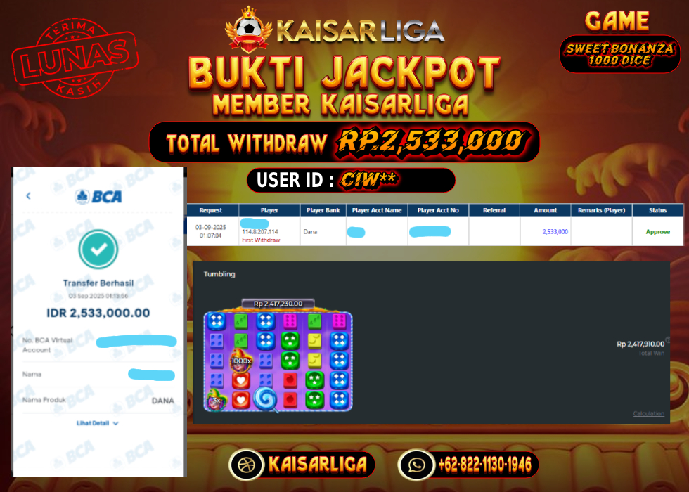 BUKTI JACKPOT SLOT KAISARLIGA RP. 2.533.000.- LUNAS