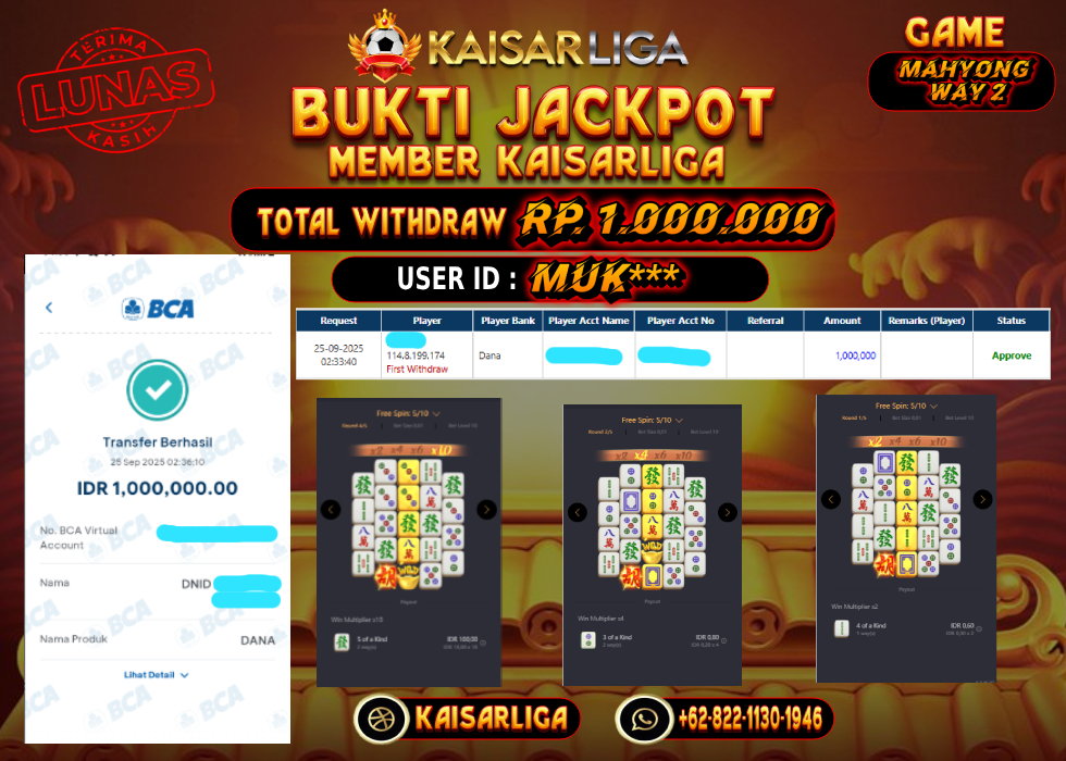 BUKTI JACKPOT SLOT KAISARLIGA RP.1.000.000.- LUNAS