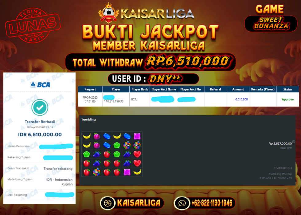 BUKTI JACKPOT SLOT KAISARLIGA RP.6.510.000.- LUNAS