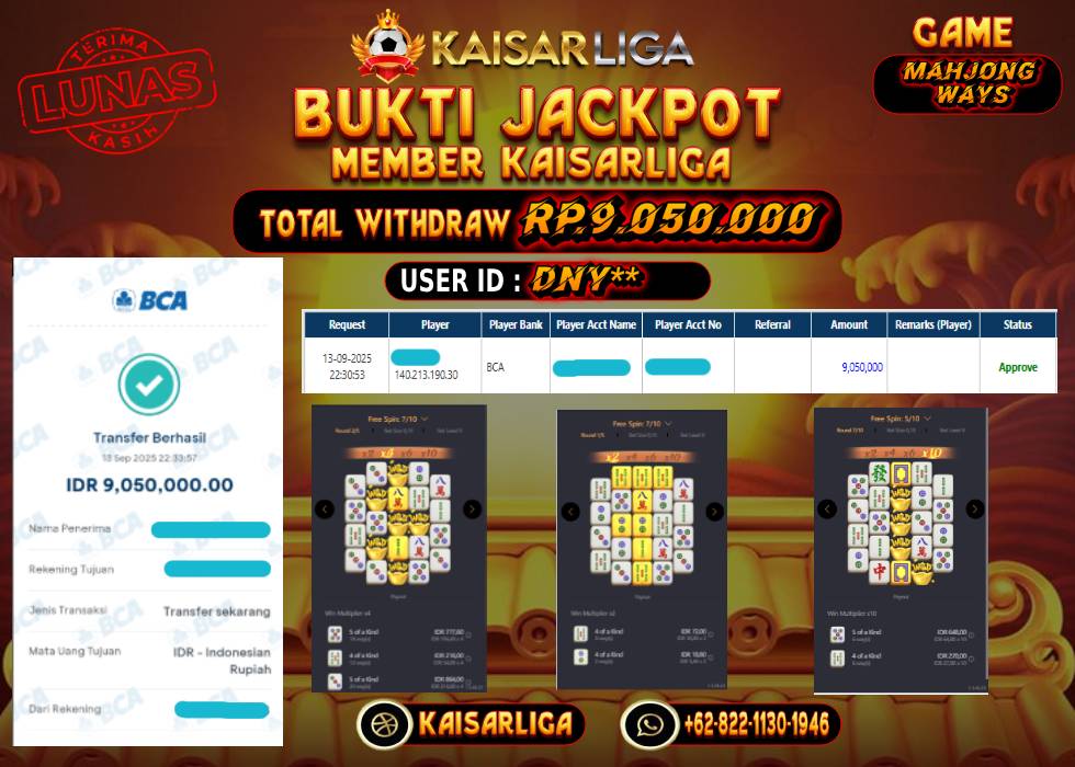 BUKTI JACKPOT SLOT KAISARLIGA RP. RP. 9.050.000.- LUNAS