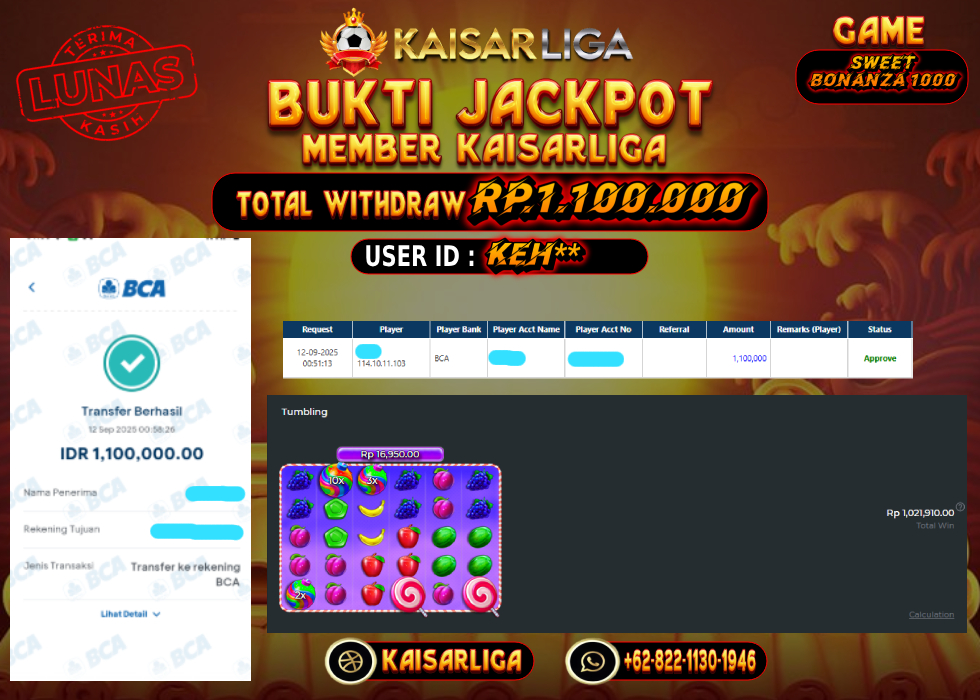 BUKTI JACKPOT SLOT KAISARLIGA RP. RP. 1.100.000.- LUNAS