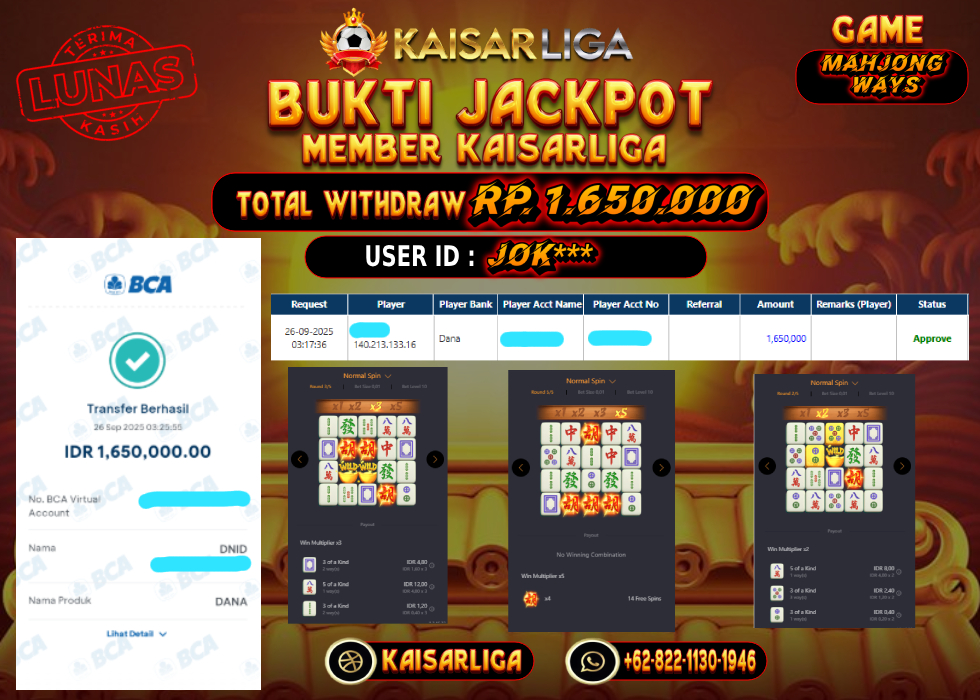 BUKTI JACKPOT SLOT KAISARLIGA RP. 1.650.000.- LUNAS