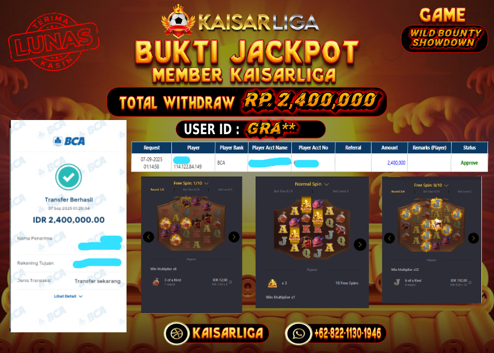 BUKTI JACKPOT SLOT KAISARLIGA RP. 2.400.000.- LUNAS