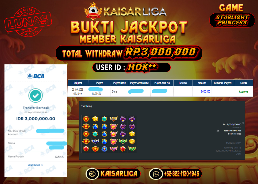 BUKTI JACKPOT SLOT KAISARLIGA RP. 3.000.000.- LUNAS