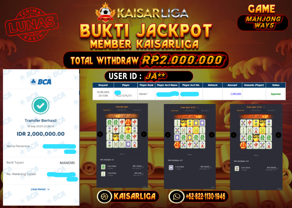 BUKTI JACKPOT SLOT KAISARLIGA RP. 2.000.000.- LUNAS