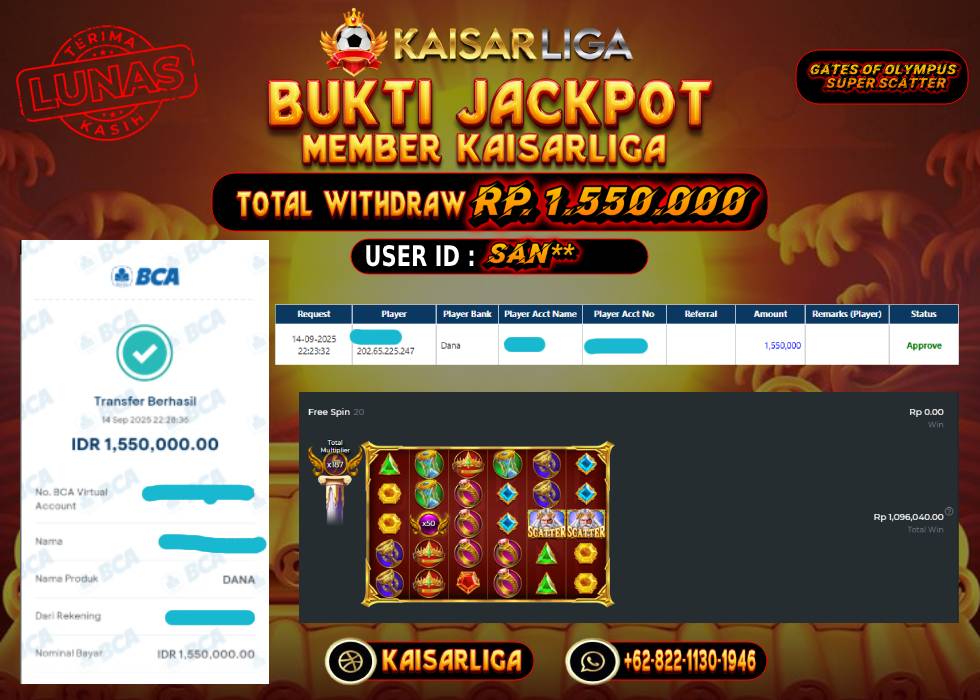 BUKTI JACKPOT SLOT KAISARLIGA RP. RP. 1.550.000.- LUNAS