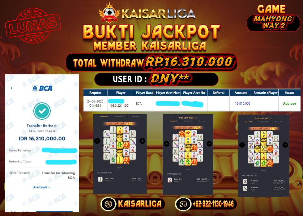 BUKTI JACKPOT SLOT KAISARLIGA RP. 16.310.000.- LUNAS