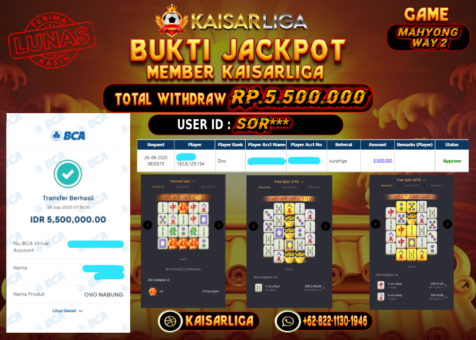 BUKTI JACKPOT SLOT KAISARLIGA RP. 5.500.000.- LUNAS