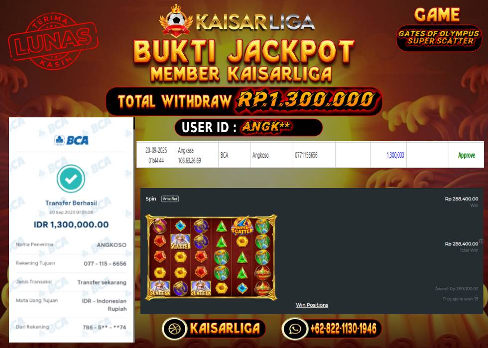 BUKTI JACKPOT SLOT KAISARLIGA RP. 1.300.000.- LUNAS