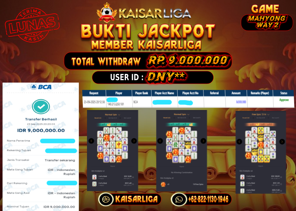 BUKTI JACKPOT SLOT KAISARLIGA RP. 9.000.000.- LUNAS