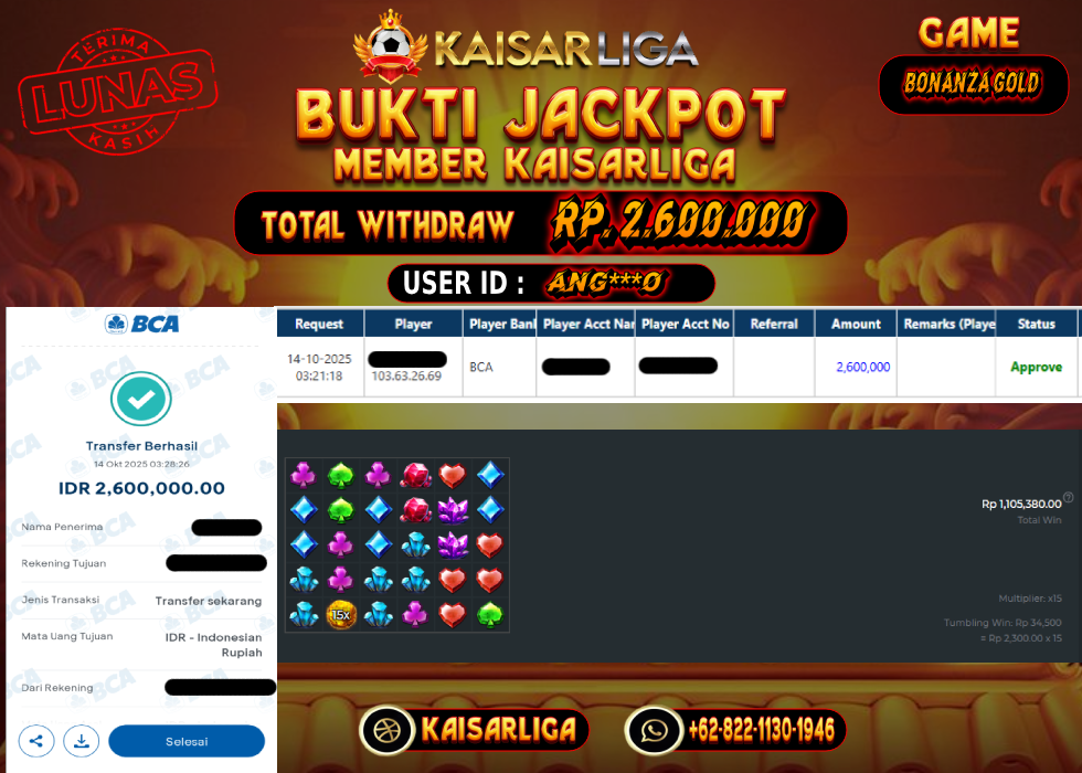 BUKTI JACKPOT SLOT KAISARLIGA RP. 2.600.000.- LUNAS