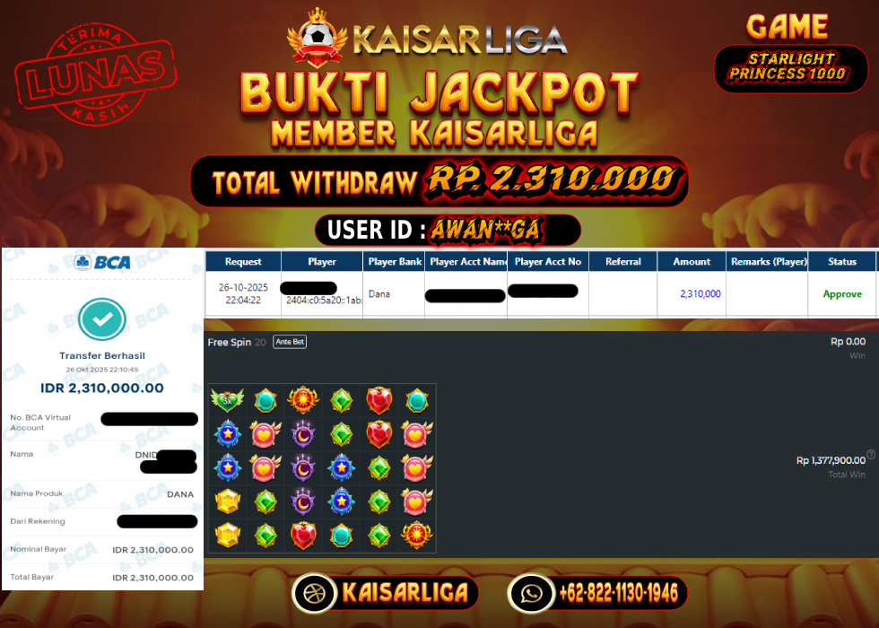 BUKTI JACKPOT SLOT KAISARLIGA RP. 2.310.000.- LUNAS