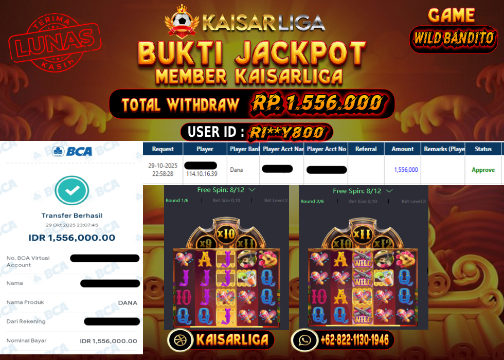 BUKTI JACKPOT SLOT KAISARLIGA RP. 1.556.000.- LUNAS