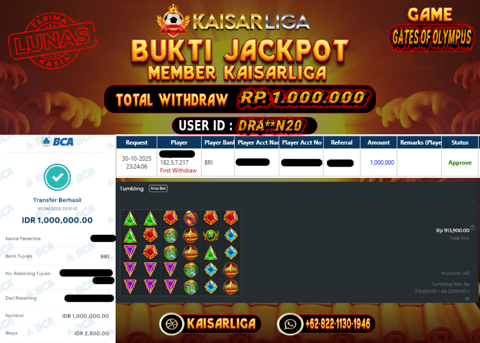 BUKTI JACKPOT SLOT KAISARLIGA RP. 1.000.000.- LUNAS