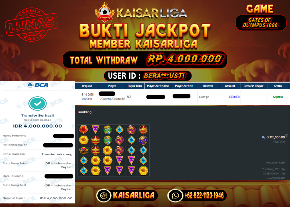 BUKTI JACKPOT SLOT KAISARLIGA RP. 4.000.000.- LUNAS