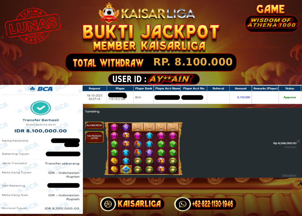 BUKTI JACKPOT SLOT KAISARLIGA RP. 8.100.000.- LUNAS