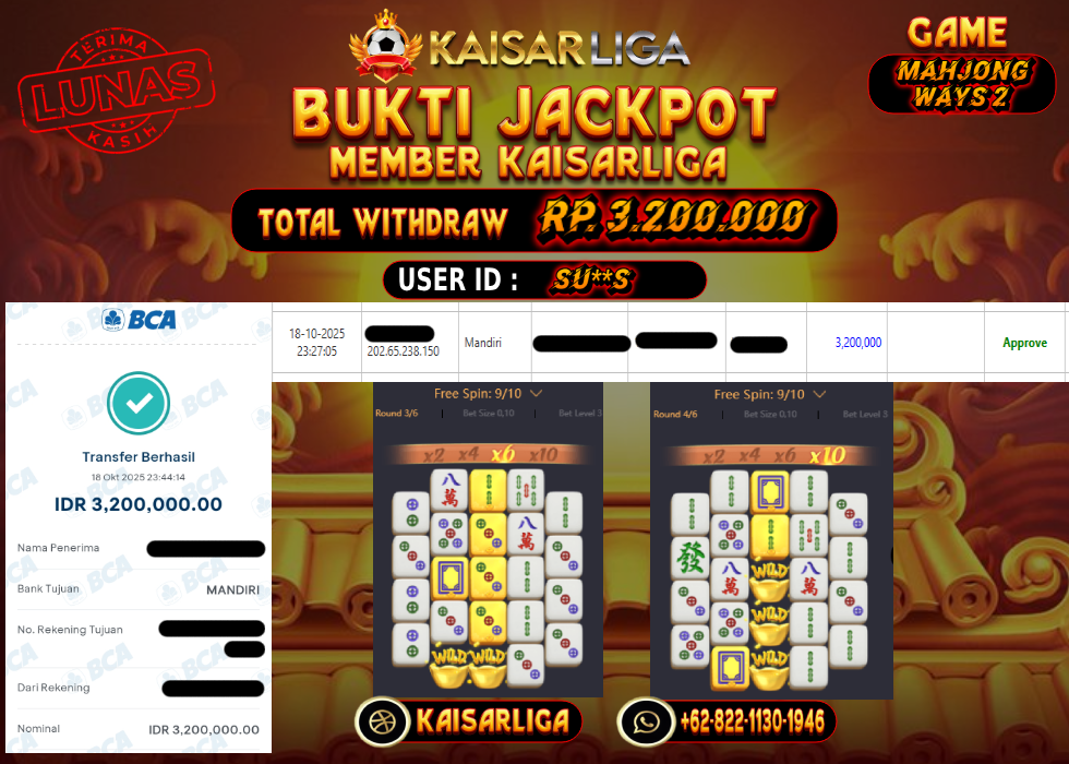 BUKTI JACKPOT SLOT KAISARLIGA RP. 3.200.000.- LUNAS