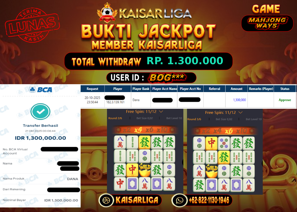 BUKTI JACKPOT SLOT KAISARLIGA RP. 1.300.000.- LUNAS