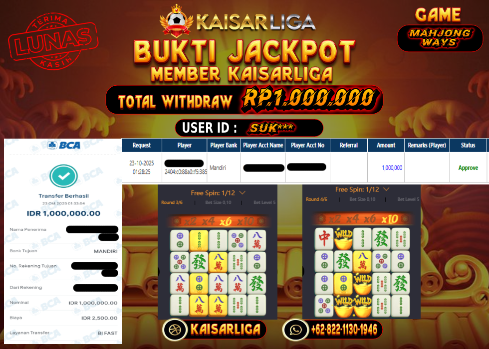 BUKTI JACKPOT SLOT KAISARLIGA RP. 1.000.000.- LUNAS