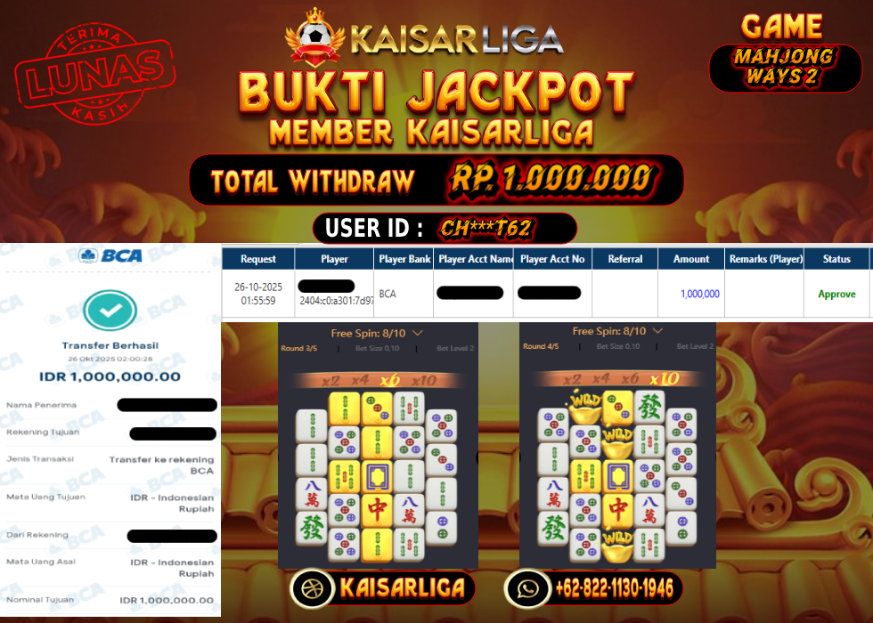 BUKTI JACKPOT SLOT KAISARLIGA RP. 1.000.000.- LUNAS