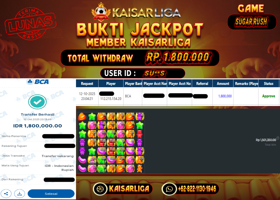 BUKTI JACKPOT SLOT KAISARLIGA RP. 1.800.000.- LUNAS