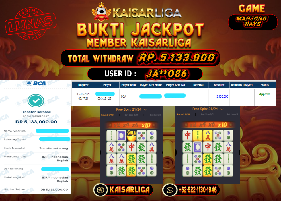 BUKTI JACKPOT SLOT KAISARLIGA RP. 5.133.000.- LUNAS