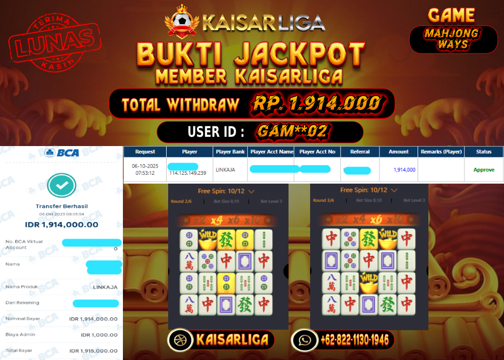 BUKTI JACKPOT SLOT KAISARLIGA RP. 1.914.000.- LUNAS