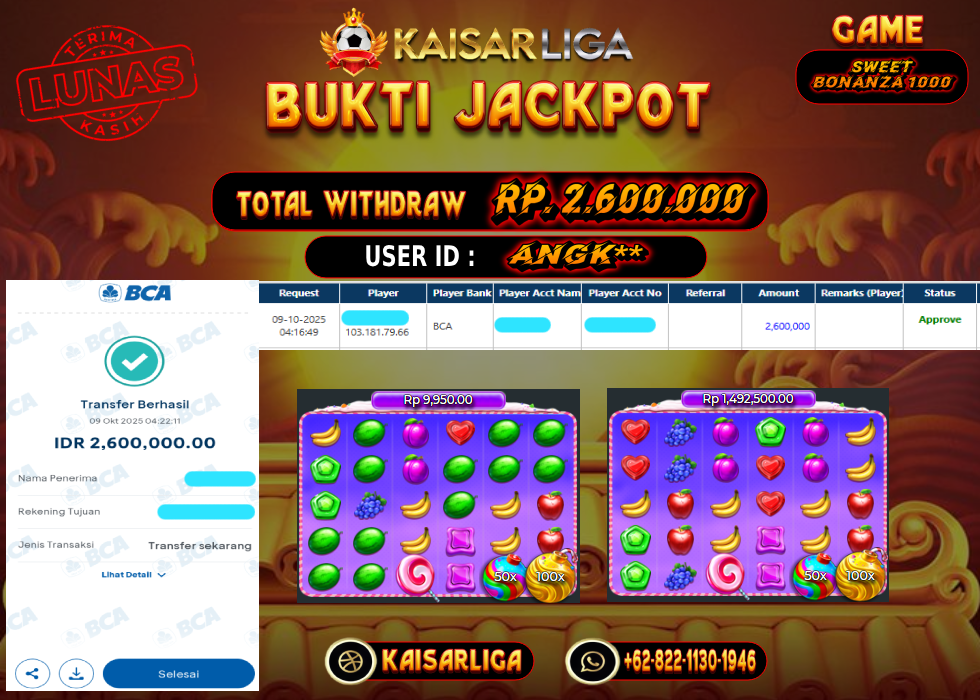 BUKTI JACKPOT SLOT KAISARLIGA RP. 2.600.000.- LUNAS