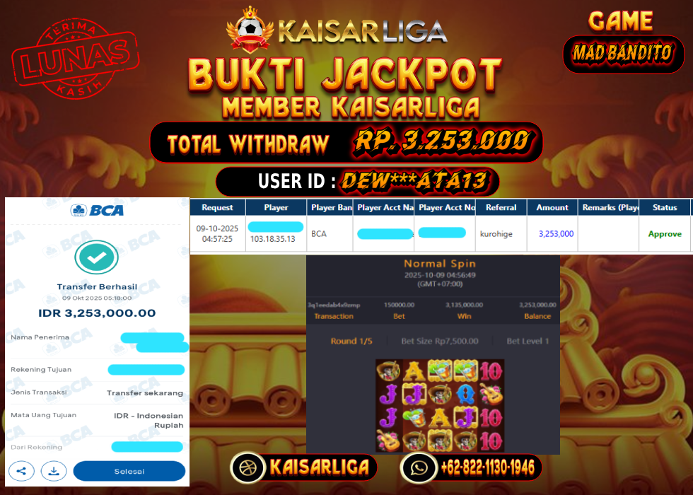 BUKTI JACKPOT SLOT KAISARLIGA RP. 3.253.000.- LUNAS