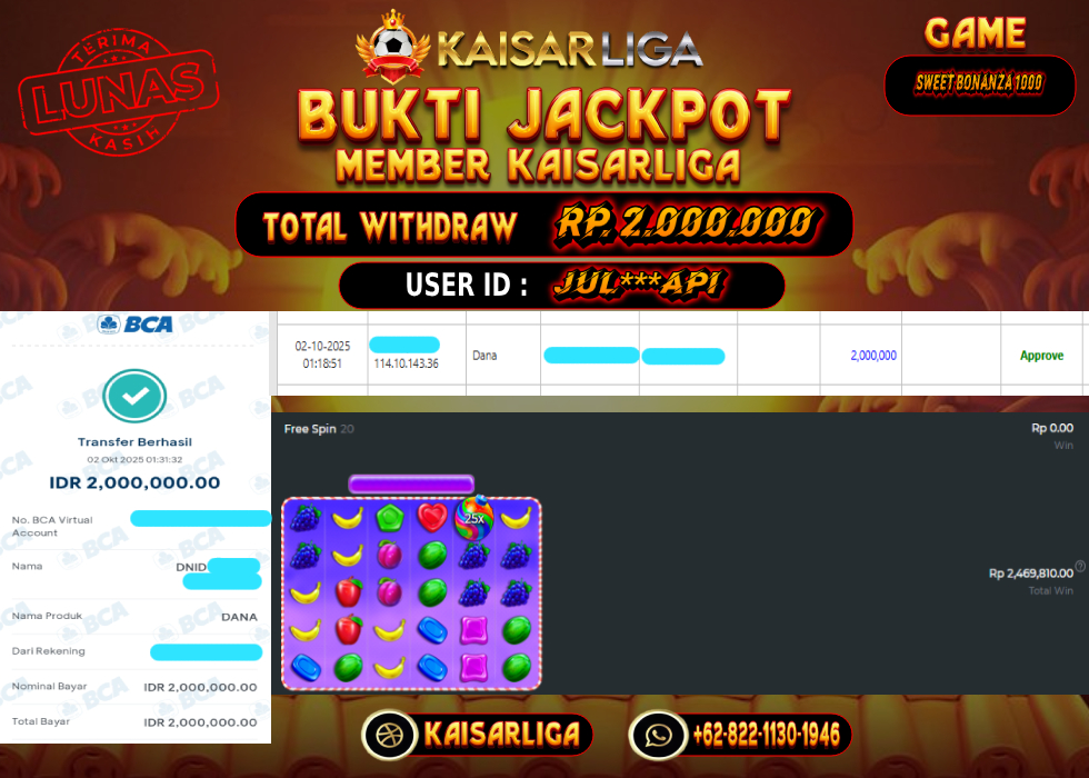 BUKTI JACKPOT SLOT KAISARLIGA RP. 2.000.000.- LUNAS