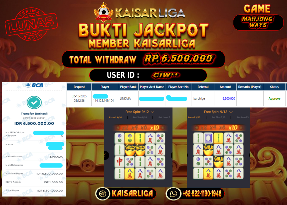 BUKTI JACKPOT SLOT KAISARLIGA RP. 6.500.000.- LUNAS