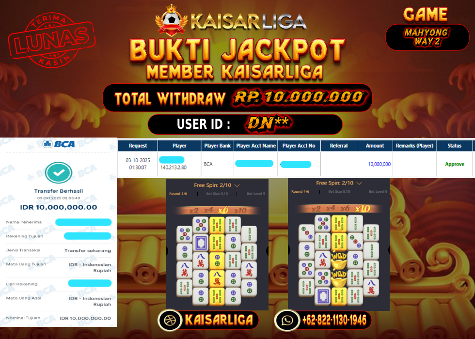 BUKTI JACKPOT SLOT KAISARLIGA RP. 10.000.000.- LUNAS