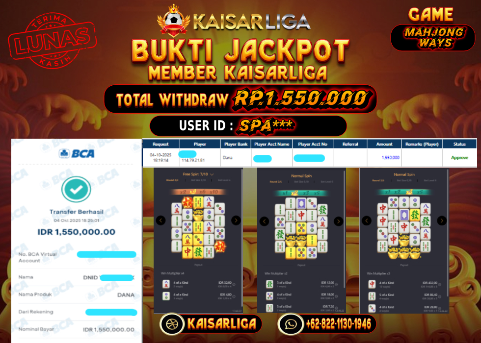 BUKTI JACKPOT SLOT KAISARLIGA RP. 1.550.000.- LUNAS