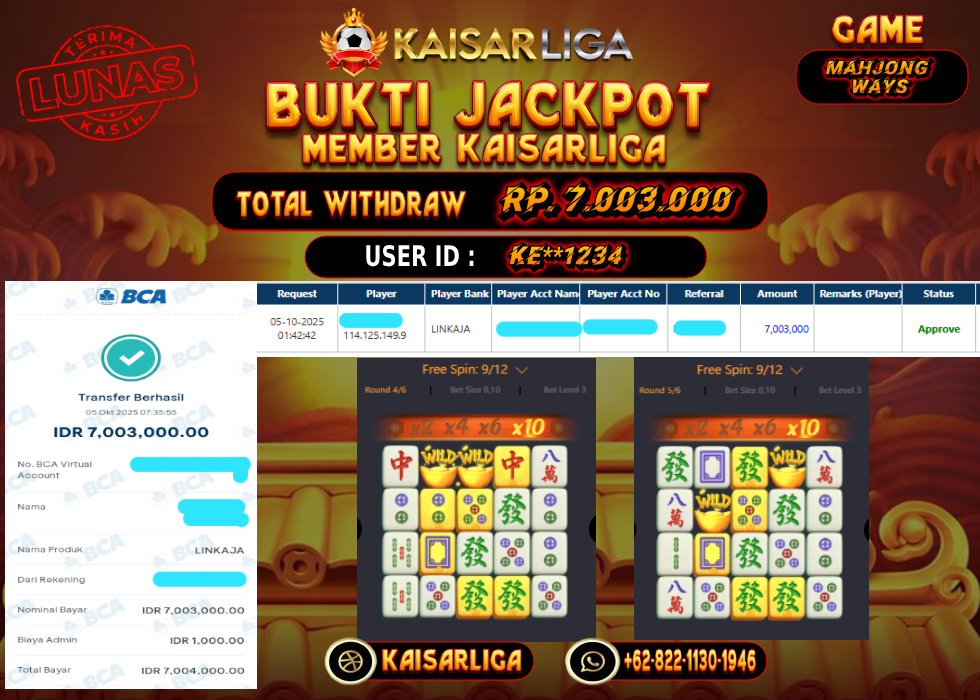 BUKTI JACKPOT SLOT KAISARLIGA Rp. 7.003.000.- LUNAS
