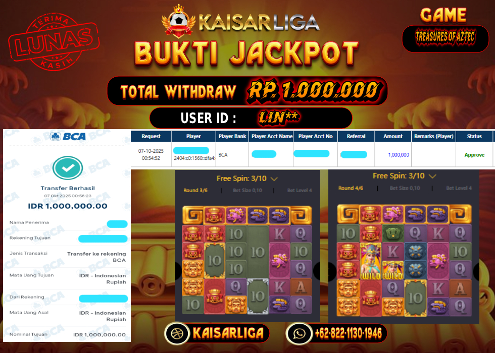 BUKTI JACKPOT SLOT KAISARLIGA RP. 1.000.000.- LUNAS