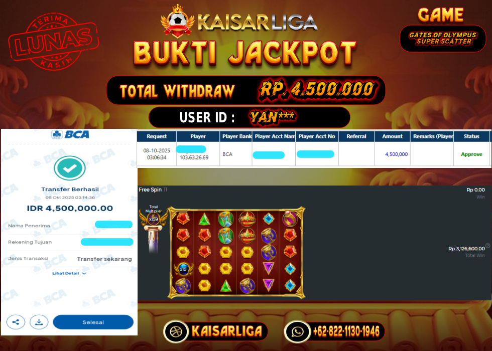 BUKTI JACKPOT SLOT KAISARLIGA RP. 4.500.000.- LUNAS