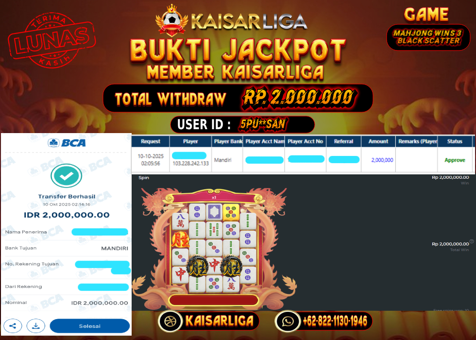 BUKTI JACKPOT SLOT KAISARLIGA RP. 2.000.000.- LUNAS
